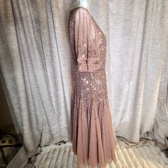 Mac‎ Duggal 93655 Rosewood Cape Sleeve Beaded Tea Length A-Line Midi Dress Sz 10 - Picture 5 of 11